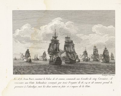 Jan Bart valt met zijn eskader een Hollandse vloot aan, 1676 1676 befäl Jean Bart, som monterade Palme med 18 kanoner, en skvadron på fem Corsairs (...) (titel på objektet) Samling av striderna av Jean-Bart, skvadronchef under Ludvig XIV (serietitel) av Yves Marie Le Gouaz