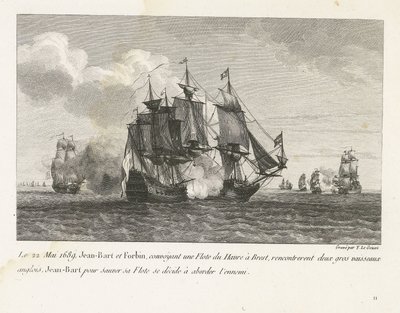 Jan Bart valt twee Engelse schepen aan, 1689 Den 22 maj 1689 mötte Jean-Bart och Forbin, som transporterade en flotta från Le Havre till Brest, på två stora engelska fartyg, Jean-Bart bestämmer sig för att rädda sin flotta för att närma sig fienden (titel  av Yves Marie Le Gouaz