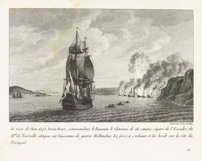 Jan Bart valt zes Hollandse schepen aan voor de kust van Portugal, 1693 I juni 1693 attackerade Jeaan-Bart, med befäl över Vaisseau le Glorieux med 66 kanoner (...) sex holländska krigsfartyg (...) på Portugals kust (titel på objekt) Rec av Yves Marie Le Gouaz
