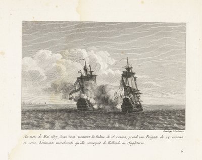 Jan Bart verovert een Hollands fregat, 1677 I maj månad 1677 monterade Jean-Bart 18-kanoners Palme, tog en 24-kanons fregatt och sexton handelsfartyg som hon konvojerade från Holland till England (titel på objekt) Samling av Jeas slagsmål av Yves Marie Le Gouaz