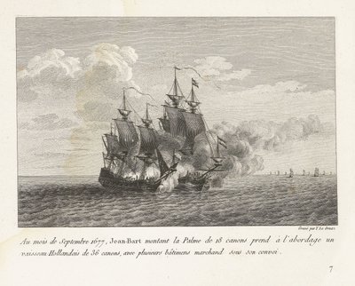 Jan Bart verovert een Hollands fregat, 1677 I september 1677, monterade Jean-Bart på 18-kanonen Palme gick ombord på ett 36-kanoners holländskt fartyg, med flera handelsfartyg under sin konvoj (titel på objektet) samling slagsmål av Yves Marie Le Gouaz