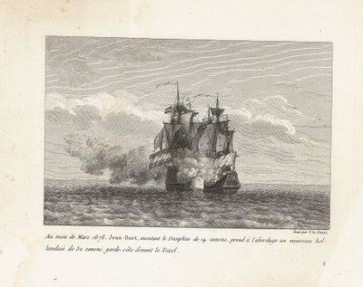 Jan Bart verovert een Hollands fregat, 1678 I mars 1678 gick Jean-Bart, som åkte på 14-kanonarna Dauphin, ombord på ett holländskt fartyg med 32 kanoner, kustbevakning framför Texel (titel på objektet) Samling av striderna av Jean-Bart, chef för Es av Yves Marie Le Gouaz