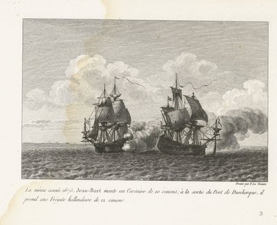 Jan Bart verovert een Hollands fregat bij Duinkerke, 1675 Samma år, 1675, monterade Jean-Bart en 10-kanoners Corsair; vid utgången från Dunkirks hamn tar han en holländsk fregatt med 12 kanoner (titel på objektet) Sammanställning av striderna av Jean-Bart, av Yves Marie Le Gouaz