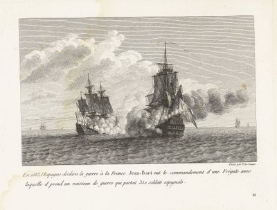 Jan Bart verovert een Spaans schip mötte 350 soldater aan boord, 1683 1683 förklarade Spanien krig mot Frankrike, Jean-Bart hade befälet över en fregatt med vilken han tog ett krigsskepp med 350 spanska soldater (titel på obje) av Yves Marie Le Gouaz