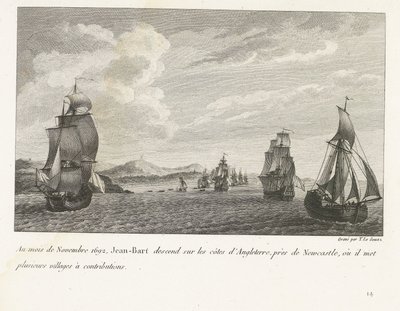 Jan Bart voor de Engelse kusten vid Newcastle, 1692 I november 1692 går Jean-Bart ner på Englands kuster, nära Newcastle, där han lägger flera byar till bidrag (titel på objekt) Sammanställning av striderna av Jean-Bart, flygelchef så av Yves Marie Le Gouaz