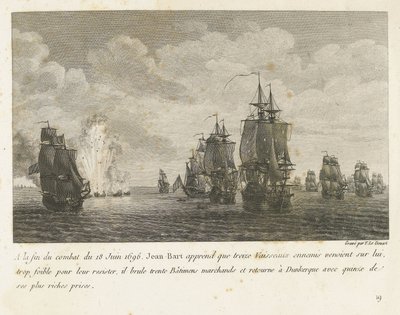 Treffen mellan en vloot under Jan Bart en en Hollandse vloot, 1696 I slutet av kampen den 18 juni 1696 får Jean-Bart veta att tretton fiendefartyg (...) och återvänder till Dunkerque med femton av sina rikaste priser (titel på objekt) Samling av comba av Yves Marie Le Gouaz