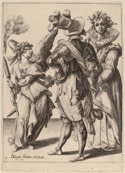 En Amor med ögonbindel som håller en ficklampa före ett par av Zacharias Dolendo after Jacques de Gheyn II