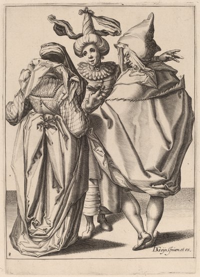 Ett par tilltalar en gestikulerande ung man av Zacharias Dolendo after Jacques de Gheyn II