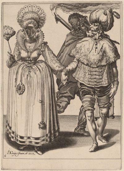 En man med en turban som leder en kvinna som bär påfågelfjädrar av Zacharias Dolendo after Jacques de Gheyn II