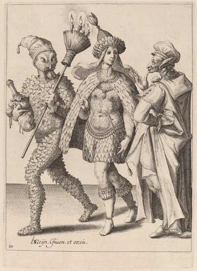 En gammal mamma tilltalar ett par klädda i fjädrar av Zacharias Dolendo after Jacques de Gheyn II