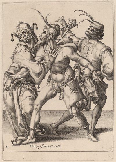 Tre dansande mumrar, inklusive en gycklare av Zacharias Dolendo after Jacques de Gheyn II