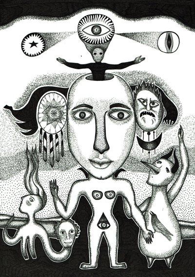 Ritual , 2018 (bläckteckning på papper) av Sabina Nedelcheva Williams