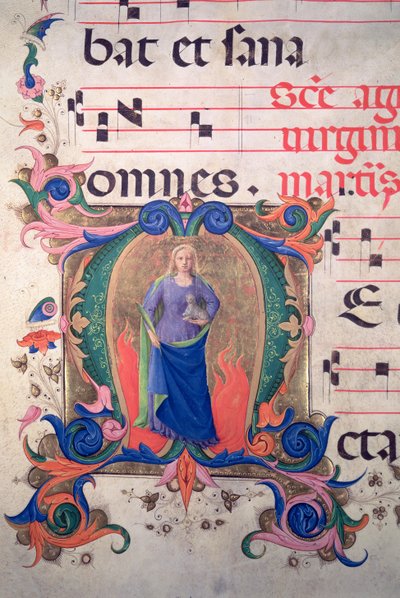 Missal 515 f.13v Historikert initial "M" som föreställer St. Agnes, från ett musikaliskt partitur av Zanobi di Benedetto Strozzi