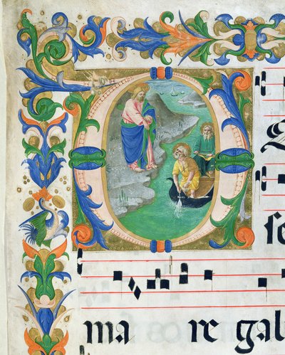 Ms 515 f.1r The Miraculous Draft of Fishes, från en körbok, utförd före 1449 detalj av 88903 av Zanobi di Benedetto Strozzi
