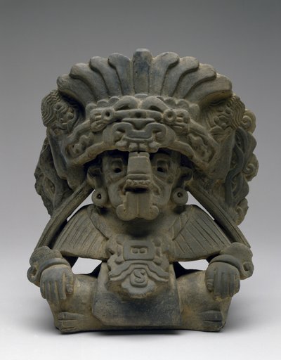 Urna med en sittande förfader, 600-900 AD (lergods med slip) av Zapotec Zapotec