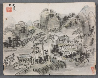 Miniatyralbum med figurer och landskap (Landskap med två byggnader) av Zeng Yandong