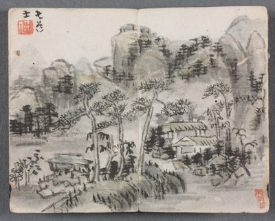 Miniatyralbum med figurer och landskapslandskap med två byggnader, 1822. av Zeng Yangdong
