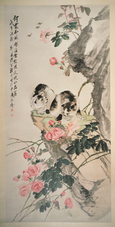 Katter på en klippa med rosor av Zhang Cheng
