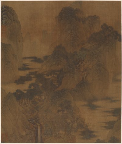 Landskap: bergsravinen, dimma, en bäck och byggnader, Mingdynastin, 1600-talet. av Zhang Hong