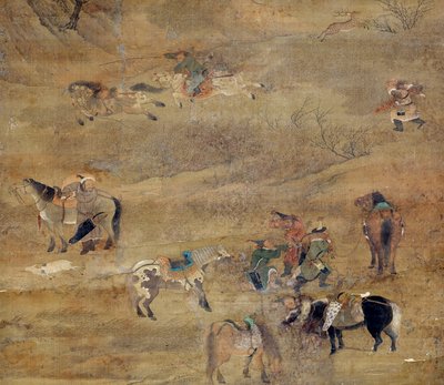 Mongolisk ryttare som jagar en häst. Detalj. Sidenmålning av Fou Tchao Mong (1254-1322). Yuan-dynastin (1206-1368 e.Kr.) Paris, Guimet-museet, Nationalmuseet för asiatisk konst av Zhao Mengfu Chao Meng Fu or