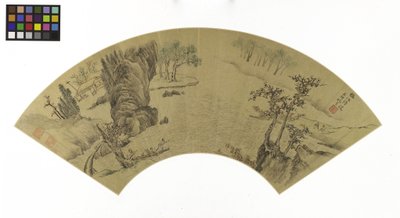 Landskap med män och åsna som färjas över en flod (bläck och färger på guldpapper) av Zhen Yao
