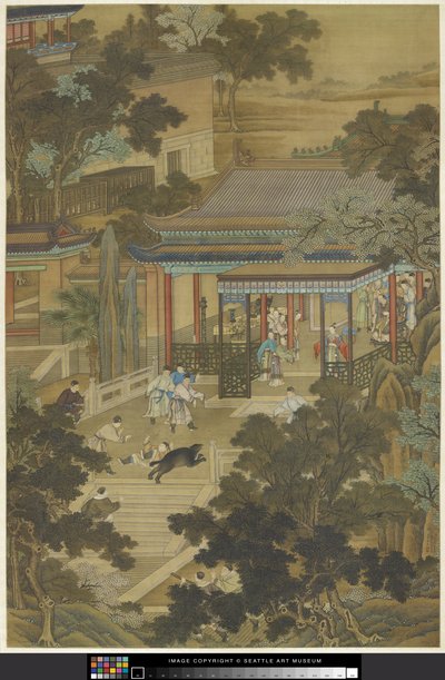 Jieyu försvarar kejsaren från en björn, c.1740 (bläck och färg på papper) av Zhidao Cheng