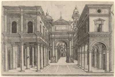 En gata med olika byggnader, pelargångar och en båge av Zoan Andrea after Donato Bramante