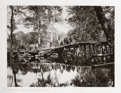 En militär bro över Chickahominy, Virginia, USA, ca 1862 av Ferdinand Georg Waldmuller