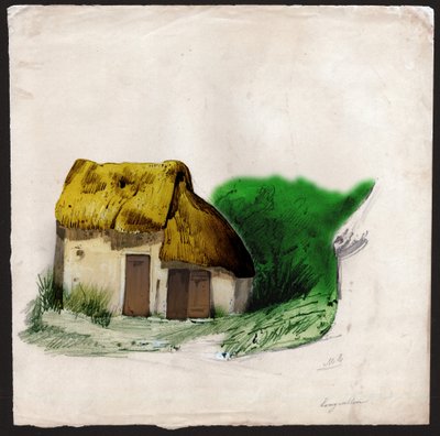 En stuga med halmtak i centrala Frankrike. ca. 1830 (illustration) av . .