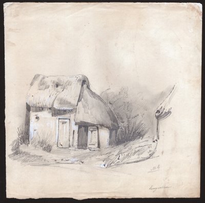 En stuga med halmtak i centrala Frankrike. ca. 1830 (illustration) av . .