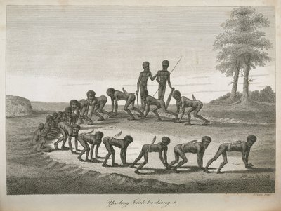 Aboriginal män som imiterar hundar, Australien av Frederick (attr. to) Barnard