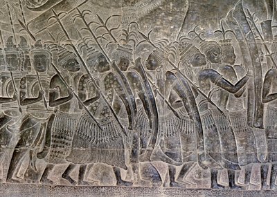 Angkor Wat, Angkor, Kambodja Tidigt 1100-tal med senare tillägg. Denna detalj av relieferna i galleriet visar THAI-folket som marscherar som allierade till Khmer-armén av Hippolyte Lalaise Devéria