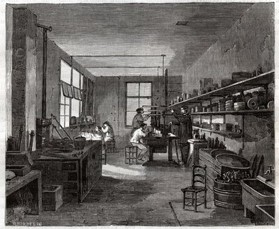 Atelier de galvanoplastie. Galvaniseringsverkstad. av Frederick (attr. to) Barnard
