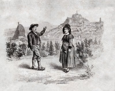 Auvergnats dansar fyllningen på Puy en Velay, Frankrike. cirka 1900 (gravyr) av . .