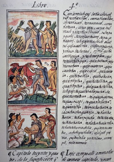 Tro och vidskepelse, bok IV av den florentinska kodeksen, tvåspråkig version på spanska och nahuatl, Allmän historia om det nya Spaniens saker, aztekisk civilisation av Georg Carl Heinrich Dollmann