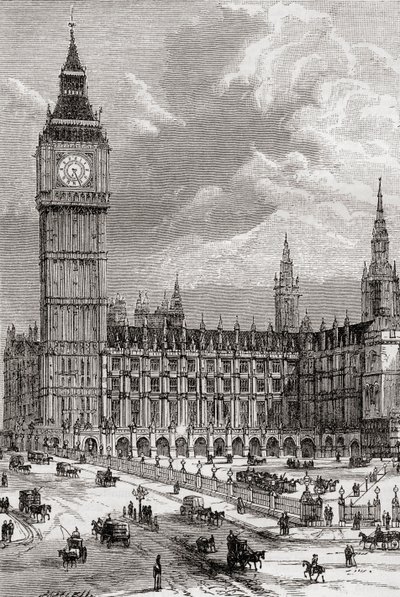 Big Ben and the Houses of Parliament, London, England, sedd här på 1800-talet. av . .