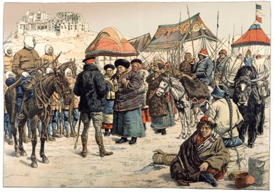 Erövring av Tibet. 1902 (gravyr) av . .