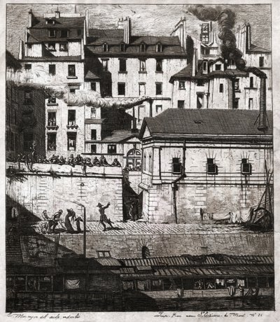 Brottsplats med polisingripande på kajerna i Paris. cirka 1860 (gravyr) av . .