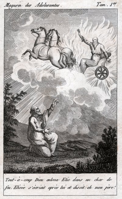 Elia lyfter till himlen, cirka 1880 (gravyr) av . .