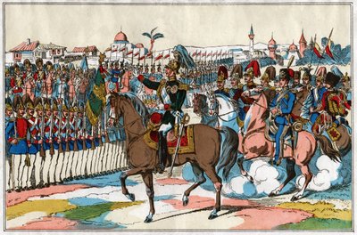Kejsar Alexander II granskar sina trupper innan krigsförklaringen mot Turkiet (1877). cirka 1880 (illustration) av . .