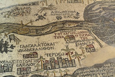 Jeriko och dess omgivningar, inklusive floden Jordan och Döda havet, detalj av det heliga landets karta, golvmosaik, ca 560 e.Kr., absid i basilikan Saint George, Madaba, Jordanien, bysantinsk civilisation, 600-talet e.Kr. av School Lebanese