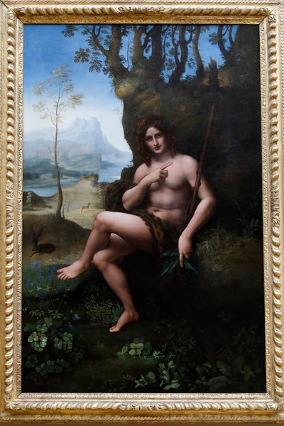 Louvren, Paris, Frankrike. Leonardo da Vincis verkstad, krediterad till Francesco Melzi, Johannes Döparen, olja på panel överförd till duk, ca. 1510-1520. av . .