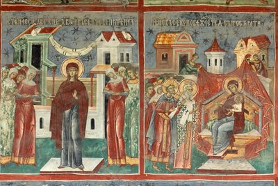 Kloster (manastirea Sucevita). Kyrkan. Exteriör. Den södra väggen. Väggmålning. av . .