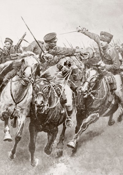 Beridna strider mellan ryska kosacker och tyskt kavalleri känd som dödens husarer en Schwansfeld, mellan Korschen och Bartenstein, Östra Preussen, augusti 1914 under första världskriget, från La Esfera av Ferdinand Georg Waldmuller