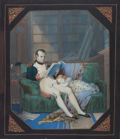 Napoleon i hans studie med kungen av Rom, ca 1860 (litografi) av . .