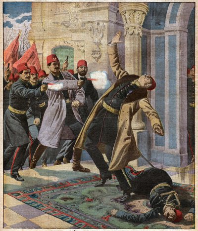 Ottomansk statskupp: Enver Pasha och CUP invaderar det kejserliga palatset och dödar minister Nazin Pasha, 9 februari 1913 av Ferdinand Georg Waldmuller