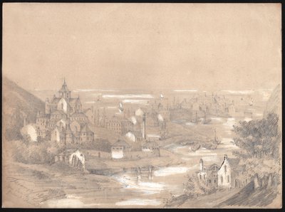Panorama över staden Fecamp, Normandie. 1841 (ritning) av . .