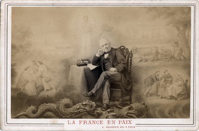Paris Commune: "Frankrike i fred"" porträtt av Louis Adolphe Thiers (1797-1877) sittande på drakens troliga symbol för kommunen av Frederick (attr. to) Barnard