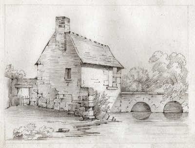 Bondehus vid kanten av en flod. cirka 1830 (illustration) av . .