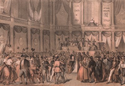 Folkomröstning för annektering till Italien, sal vid universitetet i Neapel, Kampanien, italienska Risorgimento, litografi av Carlo Perrin från teckning av Carlo Bossoli (1815-1884), 22x15 cm av William Walcutt